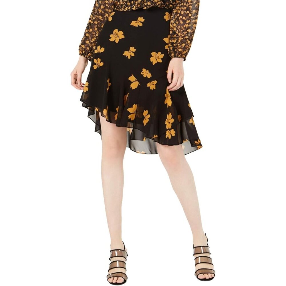 Bar III Women's Floral Asymmetrical Tiered Above Knee Skirt Black Size X-Large